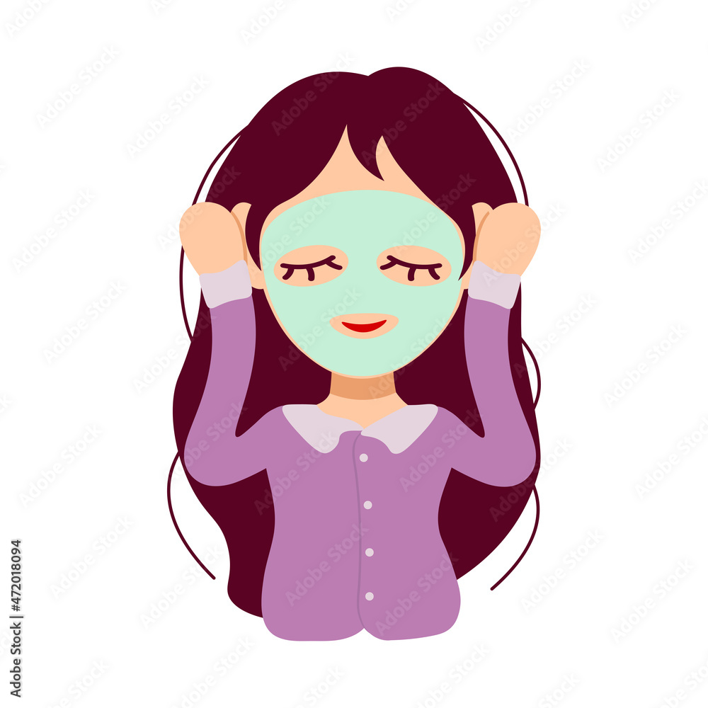 Girl with a spa mask on her face. Treatments for beauty. Vector illustration in flat cartoon style Girl with a spa mask on her face. Treatments for beauty. Vector illustration in flat cartoon style