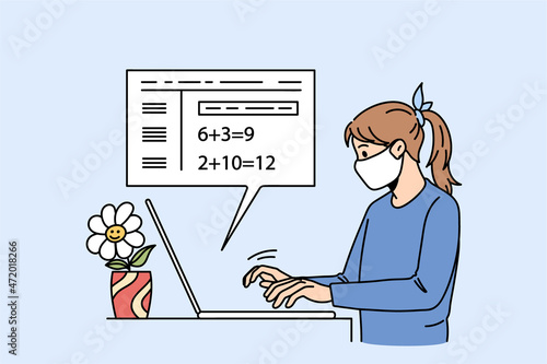 Sick girl in facemask study online on laptop at home quarantine. Ill child learner in facial mask have remote class on computer on lockdown. Distant education, covid-19. Flat vector illustration. 