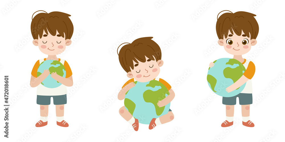 Set of poses boy hugging planet earth. Happy kid holding world globe in his hand, love and take care. Set of poses boy hugging planet earth. Happy kid holding world globe in his hand, love and take care.