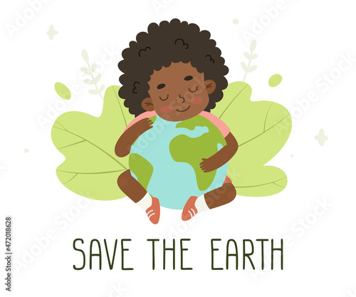 Cute african american girl siting and hugging the earth planet. Adorable kid with afro hair save peace.