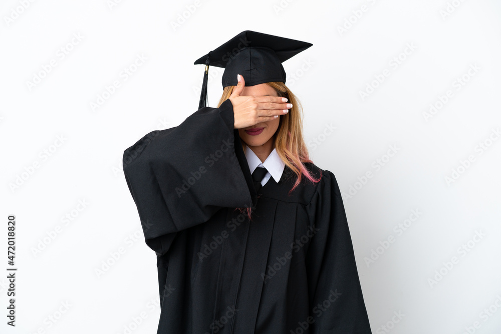 Young university graduate over isolated white background covering eyes by hands. Do not want to see something Young university graduate over isolated white background covering eyes by hands. Do not want to see something