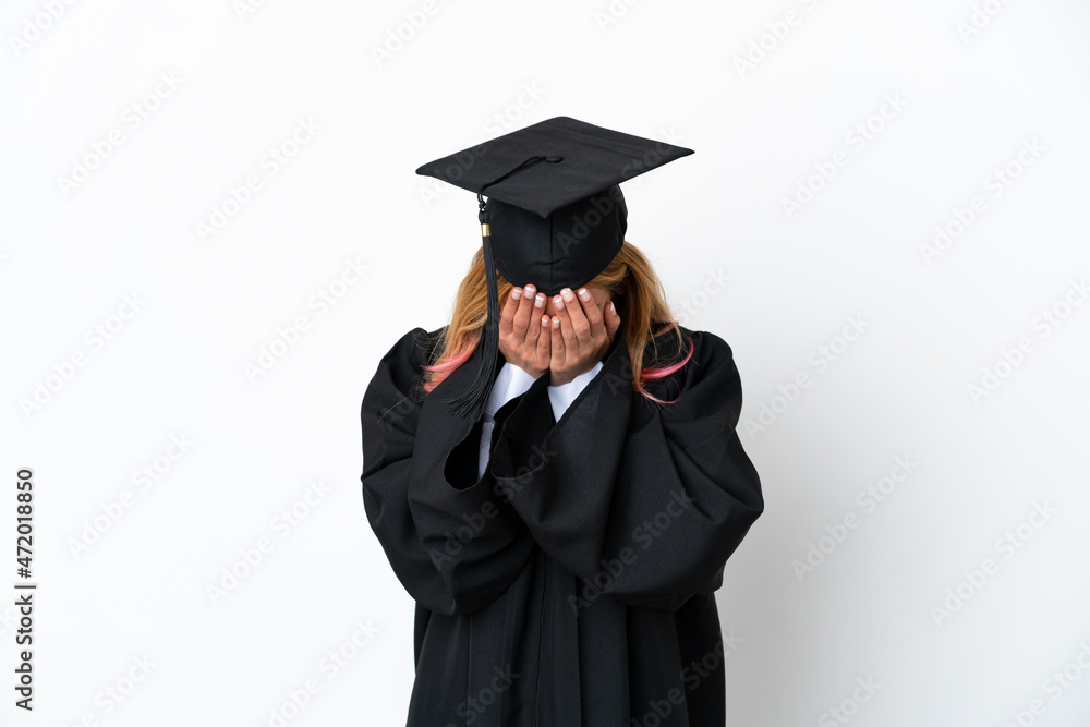 Young university graduate over isolated white background with tired and sick expression Young university graduate over isolated white background with tired and sick expression