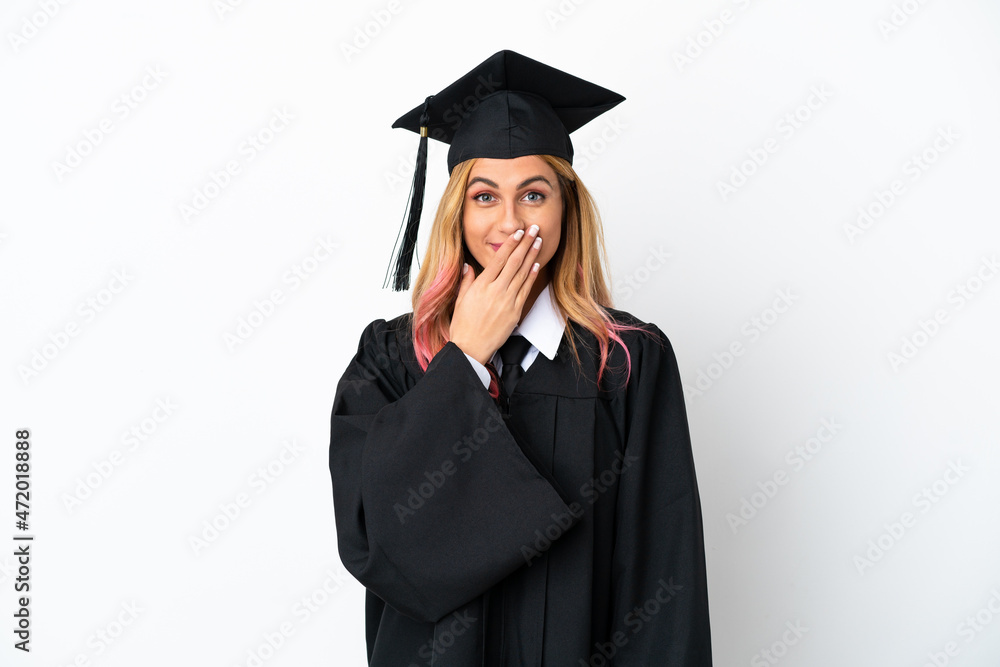 Young university graduate over isolated white background happy and smiling covering mouth with hand Young university graduate over isolated white background happy and smiling covering mouth with hand