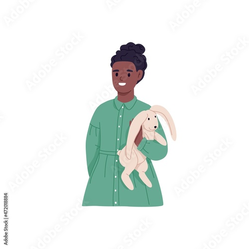 Happy black girl with bunny toy in hands. African-American kid smiling and holding stuffed rabbit. Cheerful joyful kid portrait. Colored flat vector illustration isolated on white background