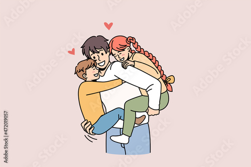 Happy young Caucasian father hold in arms play with small children show love and care. Smiling kids piggyback dad enjoy family weekend together. Fathers day concept. Vector illustration. 