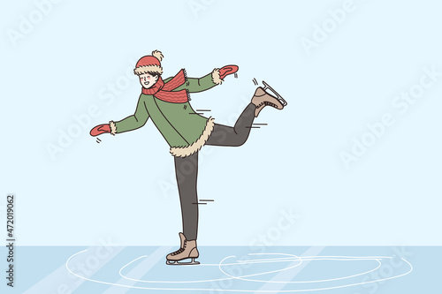 Winter fun and activities concept. Smiling boy wearing scarf and hat skating on rink enjoying having fun leisure and spare time vector illustration 