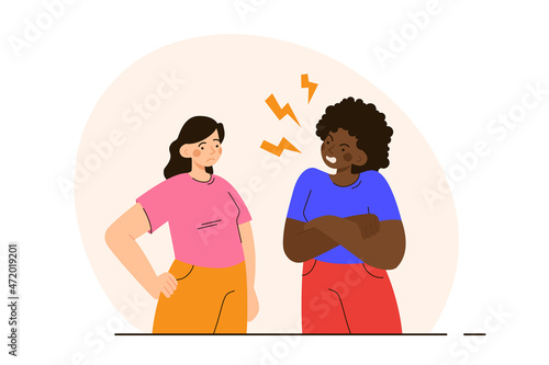 Angry black woman yelling at girlfriend or wife. Couple quarrelling. Family crisis, breakup and divorse concept. Modern flat vector illustration