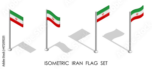 isometric flag of Republic of IRAN in static position and in motion on flagpole. 3d vector