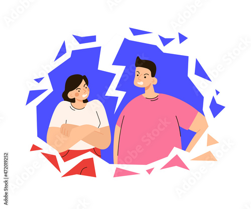 Angry man and woman on background falling apart. Married couple quarrelling. Family crisis, breakup and divorse concept. Modern flat vector illustration