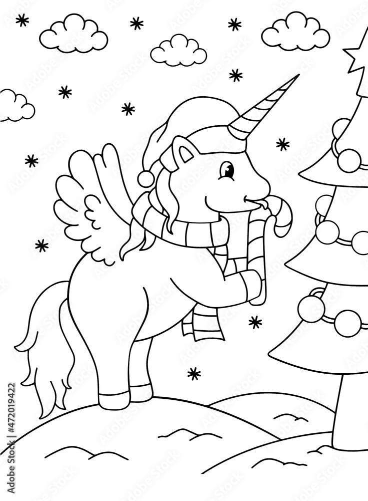 Merry Christmas unicorn coloring. Hand drawn vector illustration ...