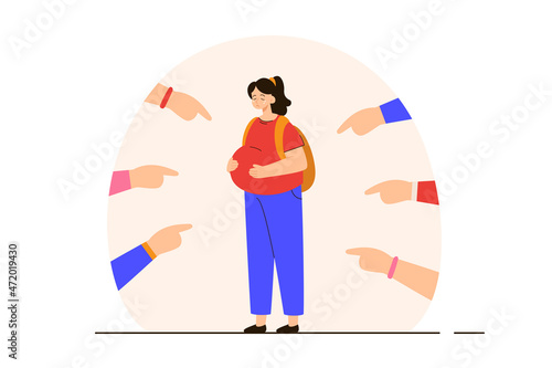 Crowd pointing at pregnant teen and shaming young mother. Unwanted and early pregnancy concept. Modern flat vector illustration