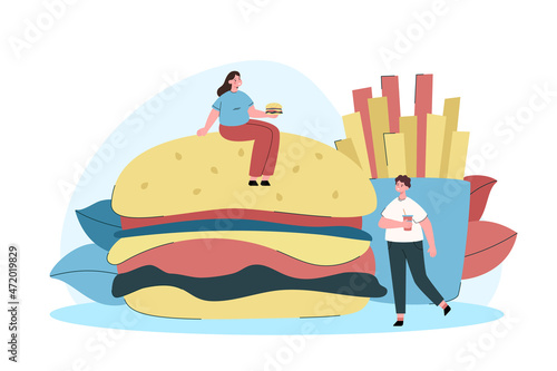 Fat people with burger and fries. Unhealthy food and obesity. Diet and nutrition concept. Modern flat vector illustration