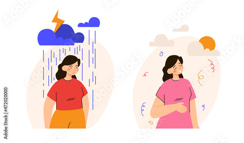 Woman in two different moods. Female character being happy and sad. PMS, hormonal disbalance, stress, mental disease concept. Modern flat vector illustration