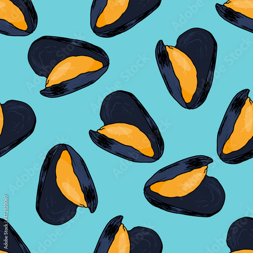 the pattern of an open orange mussel with a gray shell. seamless hand-drawn pattern in the style of a sketch of seafood mussels randomly arranged on blue for a design template, packaging, menu