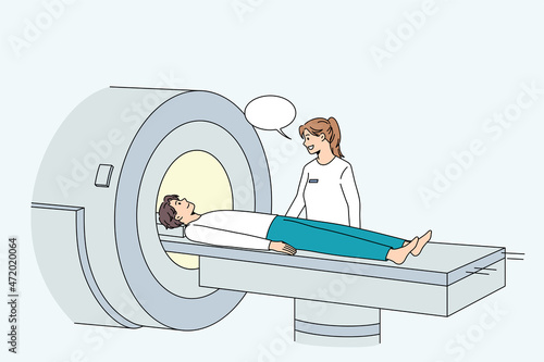 Man undergo tomography screening in modern hospital. Unhealthy sick male patient have body section laminography in clinic, suffer from health problems. Healthcare, medicine. Vector illustration. 