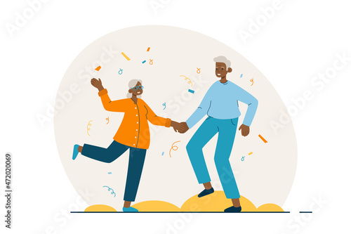 Happy black elderly couple dancing. Senior man and woman spending time together having fun. Active retirement lifestyle concept. Modern flat vector illustration