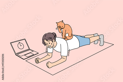 Sporty woman stand in plank, lazy cat sitting on back. Toned active girl follow healthy lifestyle do sports with online training lesson or class on computer at home on lockdown. Vector illustration. 