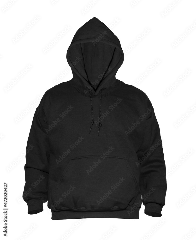Blank hoodie sweatshirt color black on invisible mannequin template front view on white background
