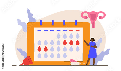 Happy black woman at period calendar with uterus, tampons and cup. Menstrual cycle schedule. PMS and ovulation checking concept. Modern flat vector illustration