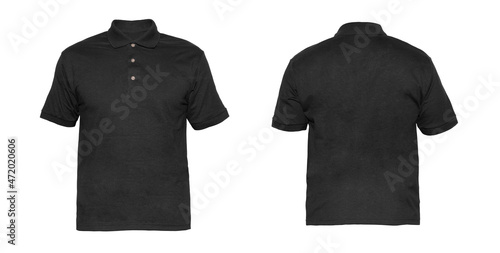 Blank Polo shirt Three-button placket color black on invisible mannequin template front and back view on white background 