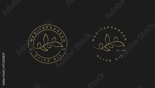 Mediterranean Olive Oil emblem, round line stamp design. Organic healthy vector logo template