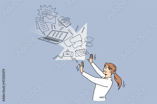 Stressed woman stop information overload spam and email notifications. Distressed female feel frustrated overwhelmed with data stream and load. Censorship and filtering. Flat vector illustration.  photo