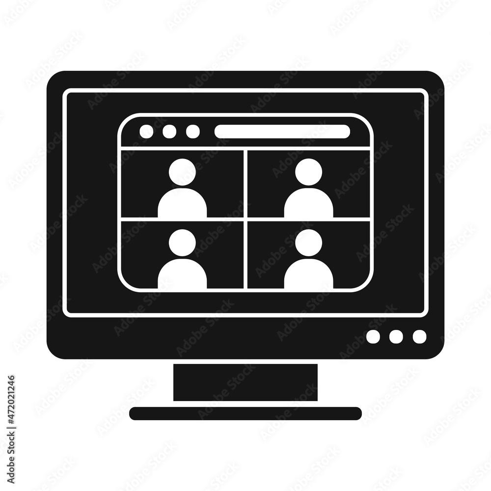 Videoconference vector icon. Computer monitor sign, 4 people communicate by video chat, digital communication, zoom conference. Editable and isolated on a white background Videoconference vector icon. Computer monitor sign, 4 people communicate by video chat, digital communication, zoom conference. Editable and isolated on a white background