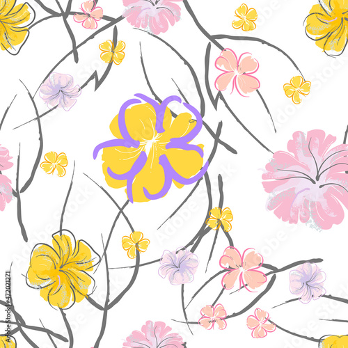 Pink Flowers Blooming Pattern. Pastel Watercolor.