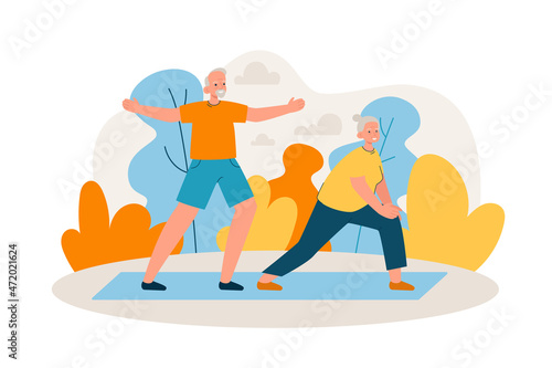 Elderly couple doing yoga in park. Happy aged man and woman doing exercises outdoors. Active retirement, sport and healthy lifestyle concept. Modern flat vector illustration