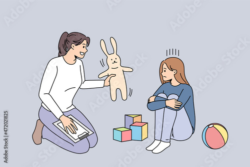 Woman psychologist help teen girl child feeling depressed of school bullying. Female counsellor give toy talk with stressed kid struggle with depression or mental problems. Vector illustration. 
