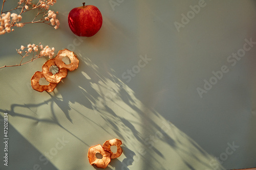 Healthy dried sliced apple chips - wholesome snacks and fresh apples on the trendy shadows. Top view. Proper nutrition, healthy food concept. Gypsophila flower decoration.