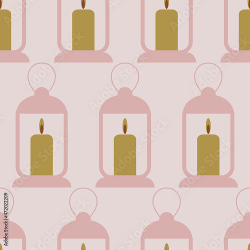 Lantern lamp with candle seamless pattern in pastel color. Symbol of warmth and comfort. Holiday design for print wallpaper  fabric  packing  wrapping paper. Vector illustration