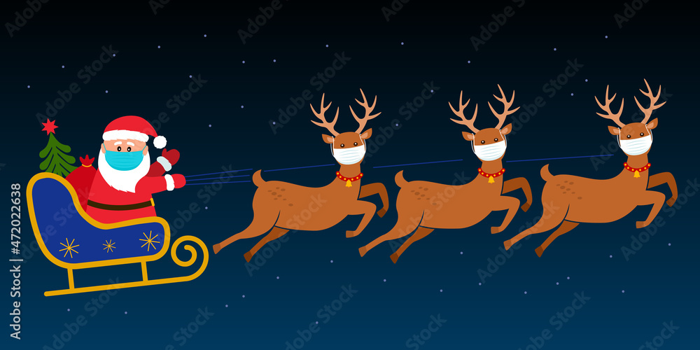 Santa Claus in a medical mask with a reindeer and a sleigh on the background of the night sky.
