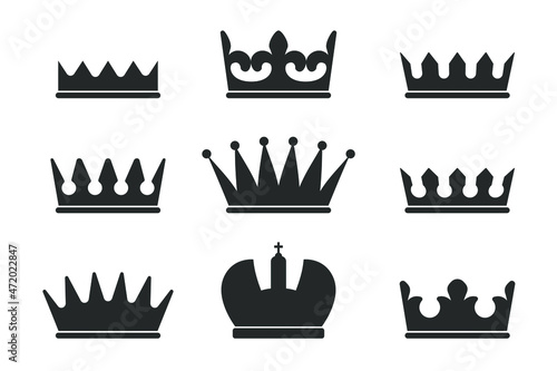 Crowns graphic icon set. Crowns different shape signs isolated on white background. Royal symbols. Vector illustration