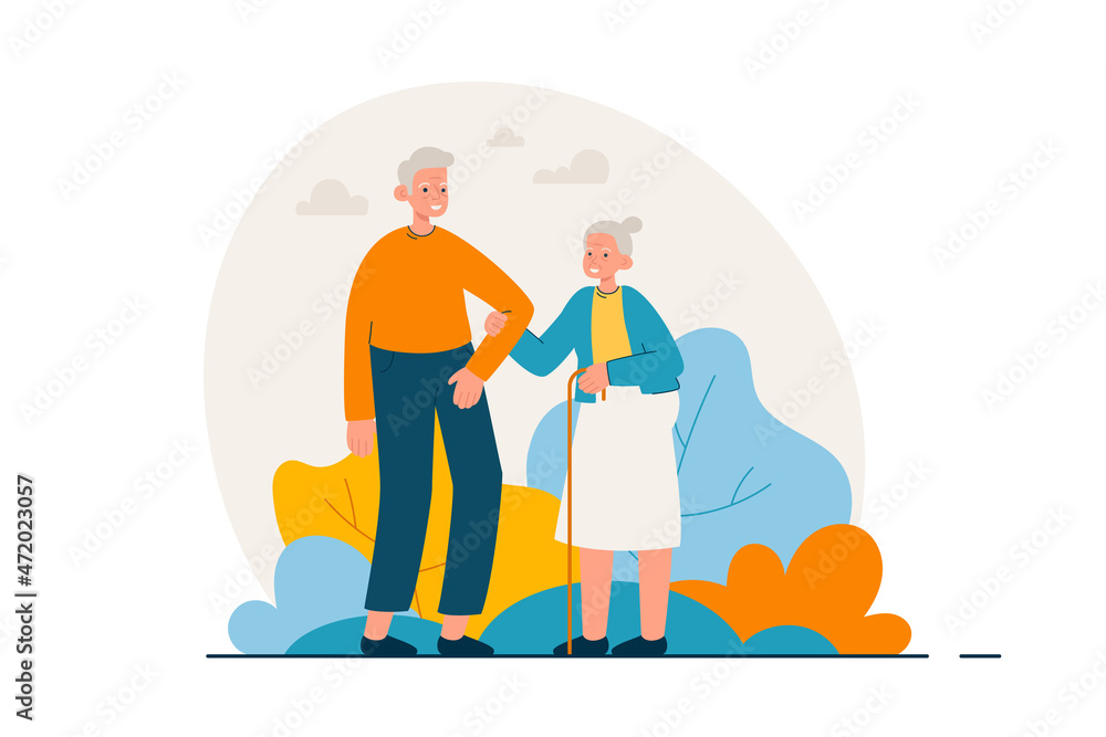 Elderly couple walking in park. Happy aged man and woman spending time together outdoors. Active retirement, sport and healthy lifestyle concept. Modern flat vector illustration