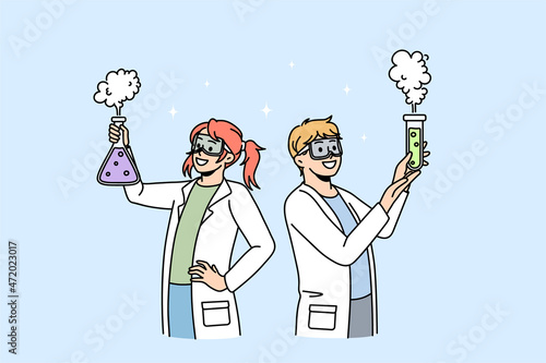 Happy kids in medical uniform do science experiments at chemistry class at school. Smiling children have fun experiment in laboratory dream to be scientists. Education concept. Vector illustration. 