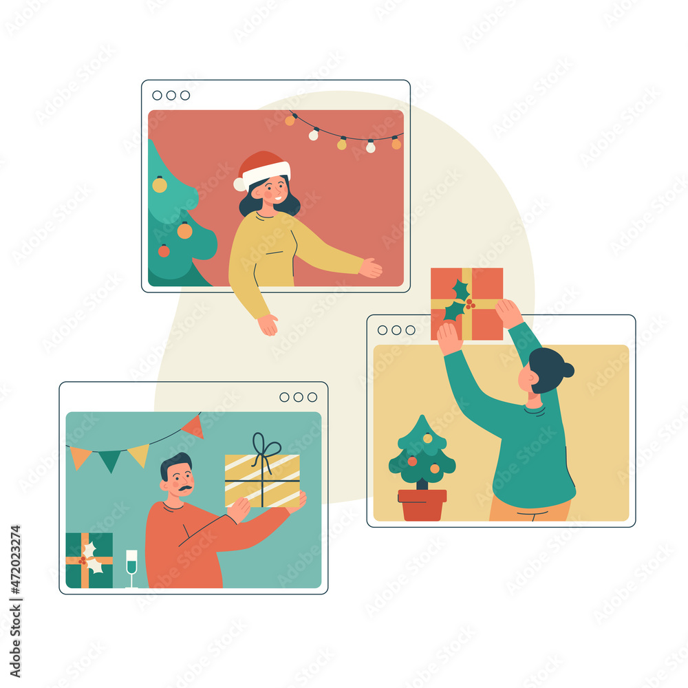 Fototapeta premium Happy friends giving presents online. Meeting together by video call during isolation. Remote holiday greetings concept. Modern flat vector illustration