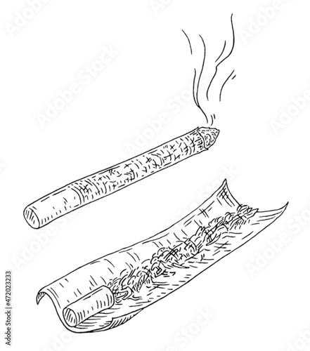 Smoldering handmade cigarettes with smoke. Vintage engraving illustration