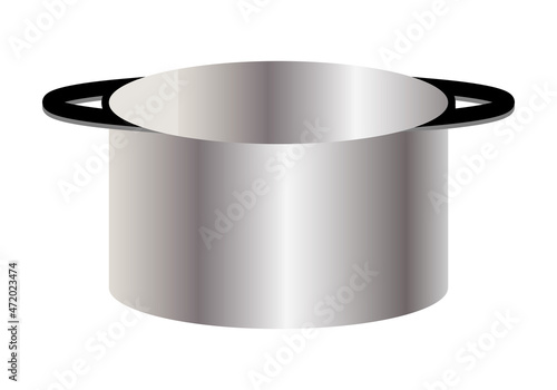 Cazuela o cacerola plateada de acero inoxidable con asas negras sobre fondo blanco. Utensilio de cocina