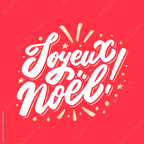 Merry Christmas in French, Joyeux Noel. Vector handwritten lettering card.
