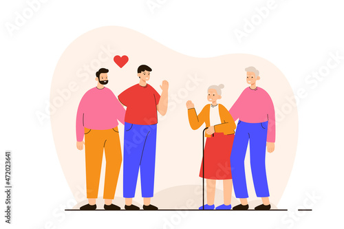 Happy man meeting his boyfriends parents. Family reunion. LGBTQ marriage and engagment concept. Modern flat vector illustration