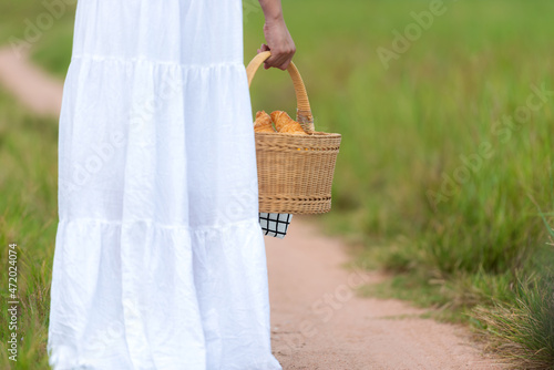 picnic sunny time. Close up hand women.  Having fun and walking relax in the meadow and field in holiday.  Romantic and In love.   Lifestyle concept