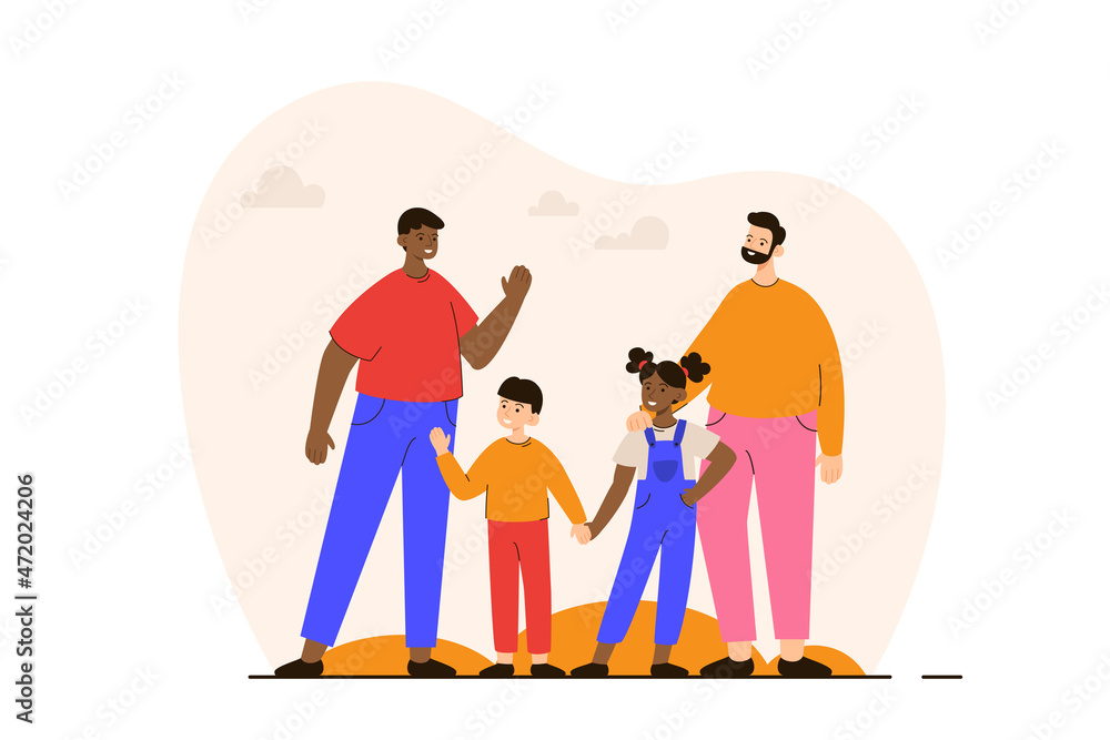 Happy gay couple standing together with their children. Homosexual family with kids. LGBTQ family concept. Modern flat vector illustration Happy gay couple standing together with their children. Homosexual family with kids. LGBTQ family concept. Modern flat vector illustration