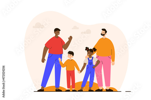 Happy gay couple standing together with their children. Homosexual family with kids. LGBTQ family concept. Modern flat vector illustration