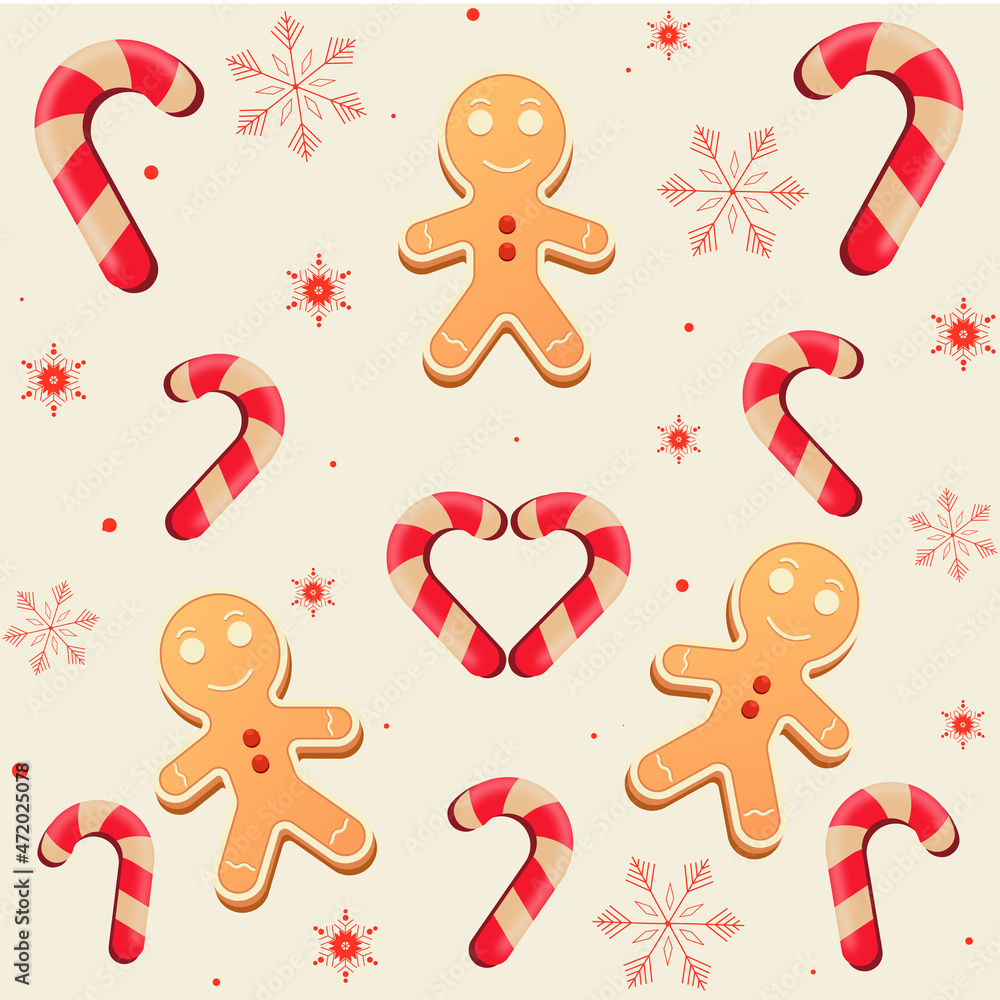 Naklejka premium Christmas pattern, cookies, candy, snowflake, snow 