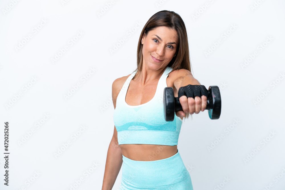 Middle age caucasian woman isolated on white background making weightlifting Middle age caucasian woman isolated on white background making weightlifting