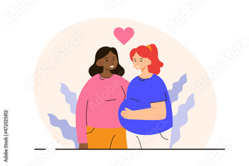 Happy lesbian couple expecting a baby. Future mothers standing together. Pregnancy, LGBTQ family and parenthood concept. Modern flat vector illustration