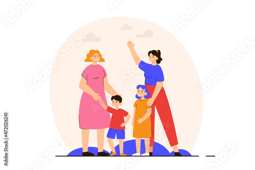 Happy lesbian couple standing together with their children. Homosexual family with kids. LGBTQ family concept. Modern flat vector illustration