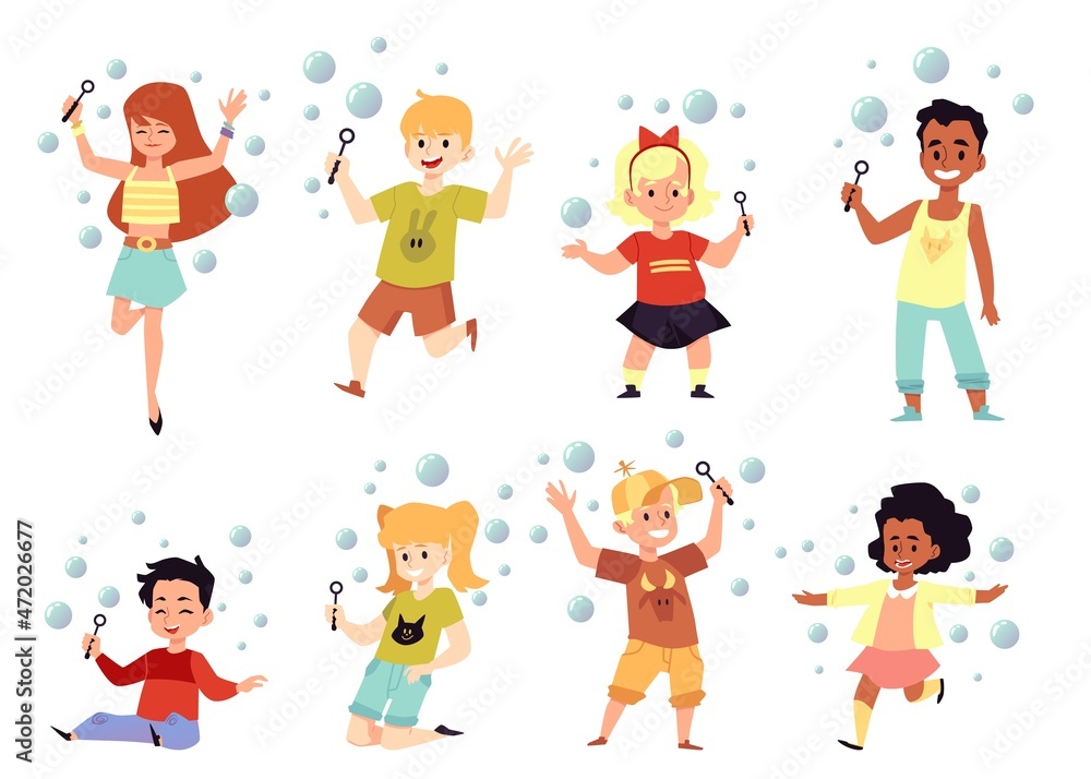 Happy funny kids playing with soap bubbles in summer. Set of vector flat cartoon character illustrations isolated on white background. Happy funny kids playing with soap bubbles in summer. Set of vector flat cartoon character illustrations isolated on white background.