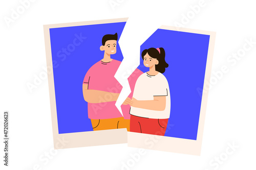 Happy man and woman on ripped photo. Two smiling characters standing together. Family crisis, breakup and divorse concept. Modern flat vector illustration